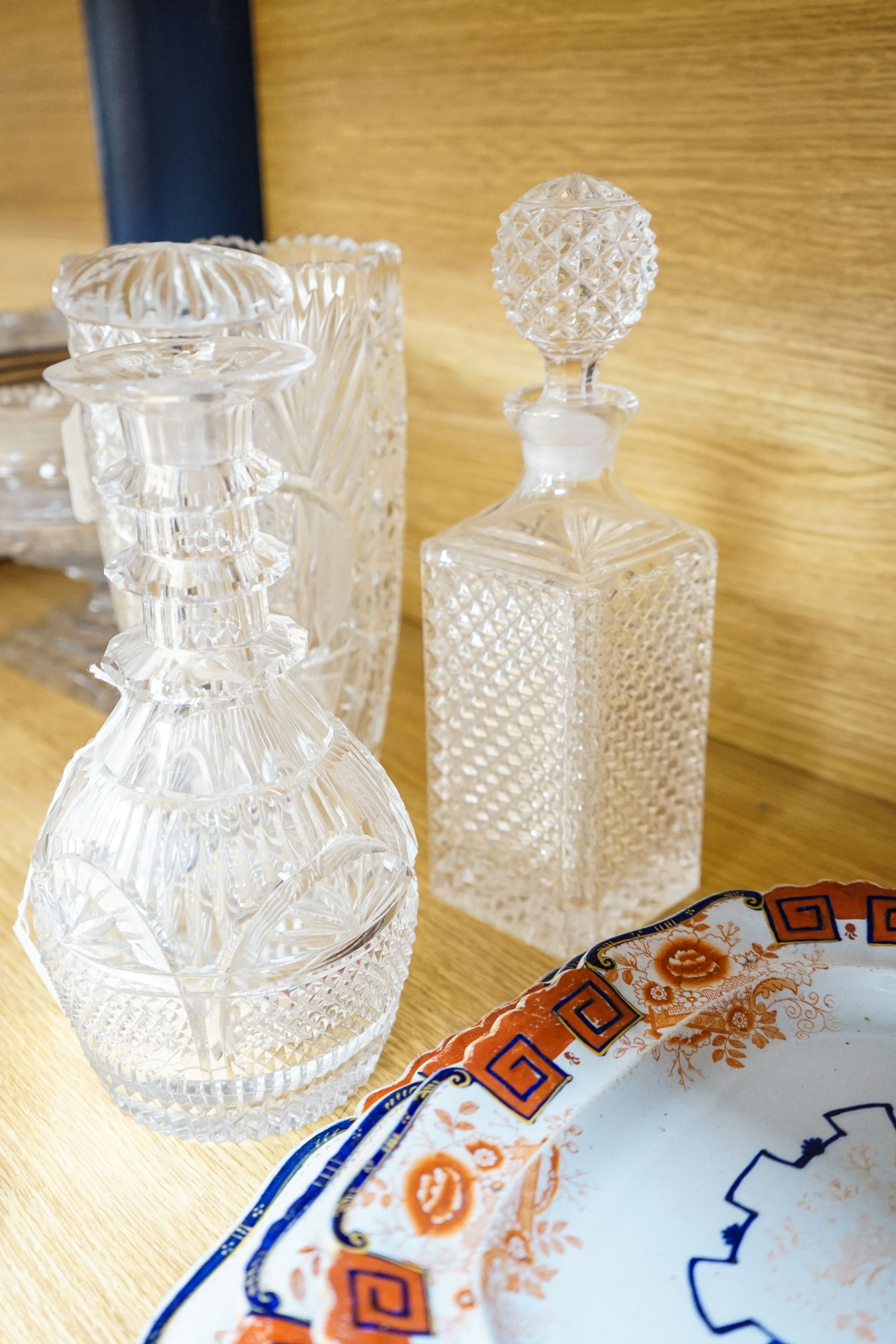 A cut crystal circular pedestal bowl, 30cm diameter another similar bowl and sundry glassware